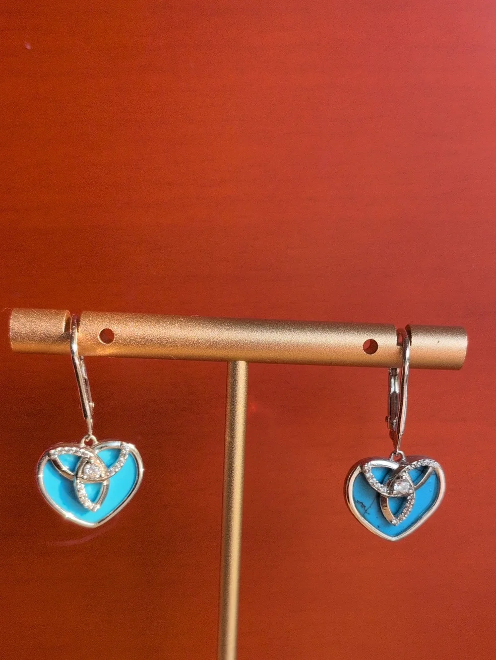 Sterling Silver Turquoise Heart Drop Earrings with  Celtic  Knot Accent